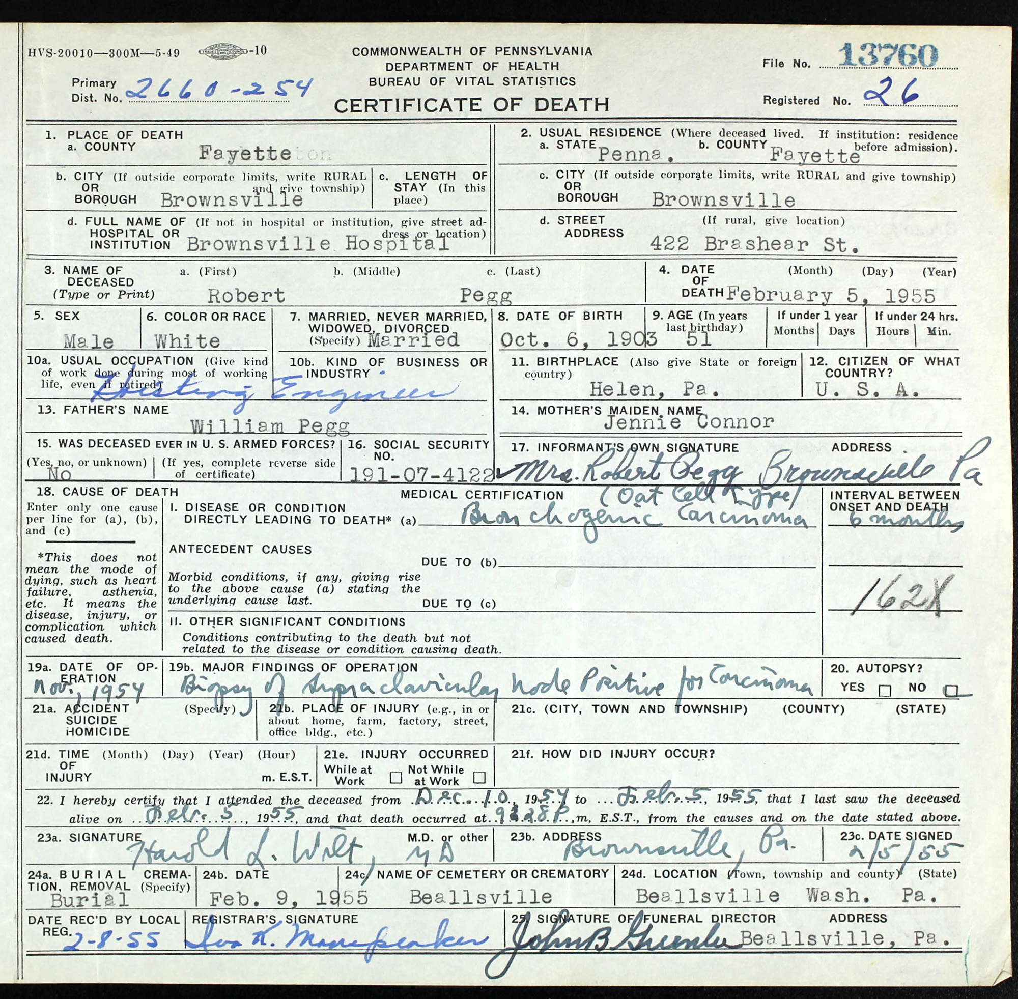 Robert Pegg death certificate